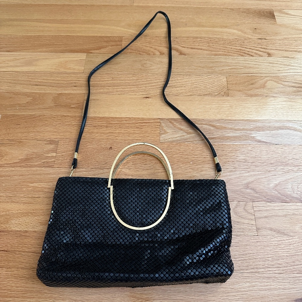 Warren Reed Black Chainmail Purse Clutch Shoulder Bag Gold Folding Handles